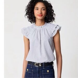 J.Crew Women’s Blouse | Blue & White Striped Flutter Sleeve Medium | 100% Cotton